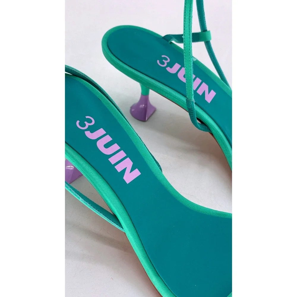 3Juin Kitten Heel Capri Kimi Sandals Women Size 7.5 Mint Green‎ Purple Open Toe